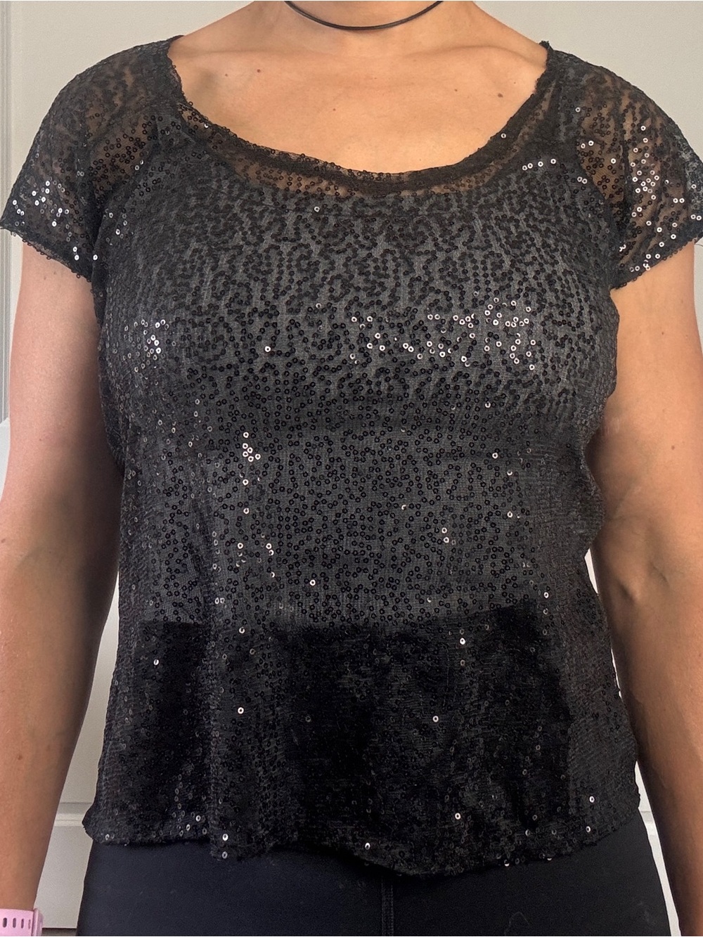 Glo Sheer Sequined Black Tshirt Medium